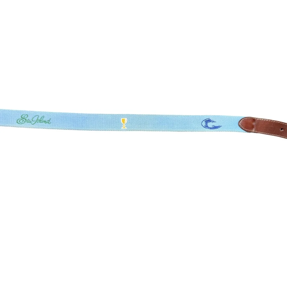 Peter Millar Mens 40 Belt Sea Island Ocean Forest Embroidered Leather Light Blue